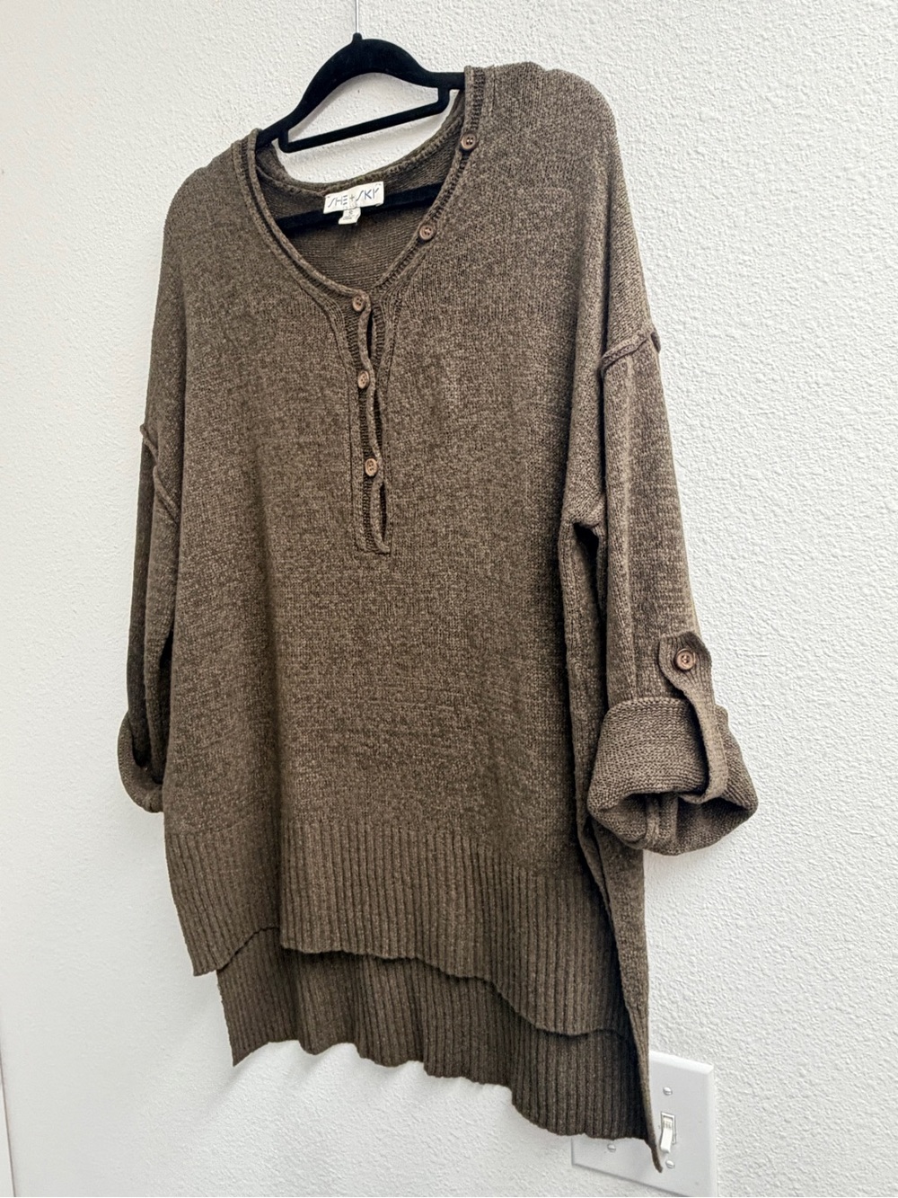 Women’s Oversized Brown Button-Henley Sweater - long sleeve size small
